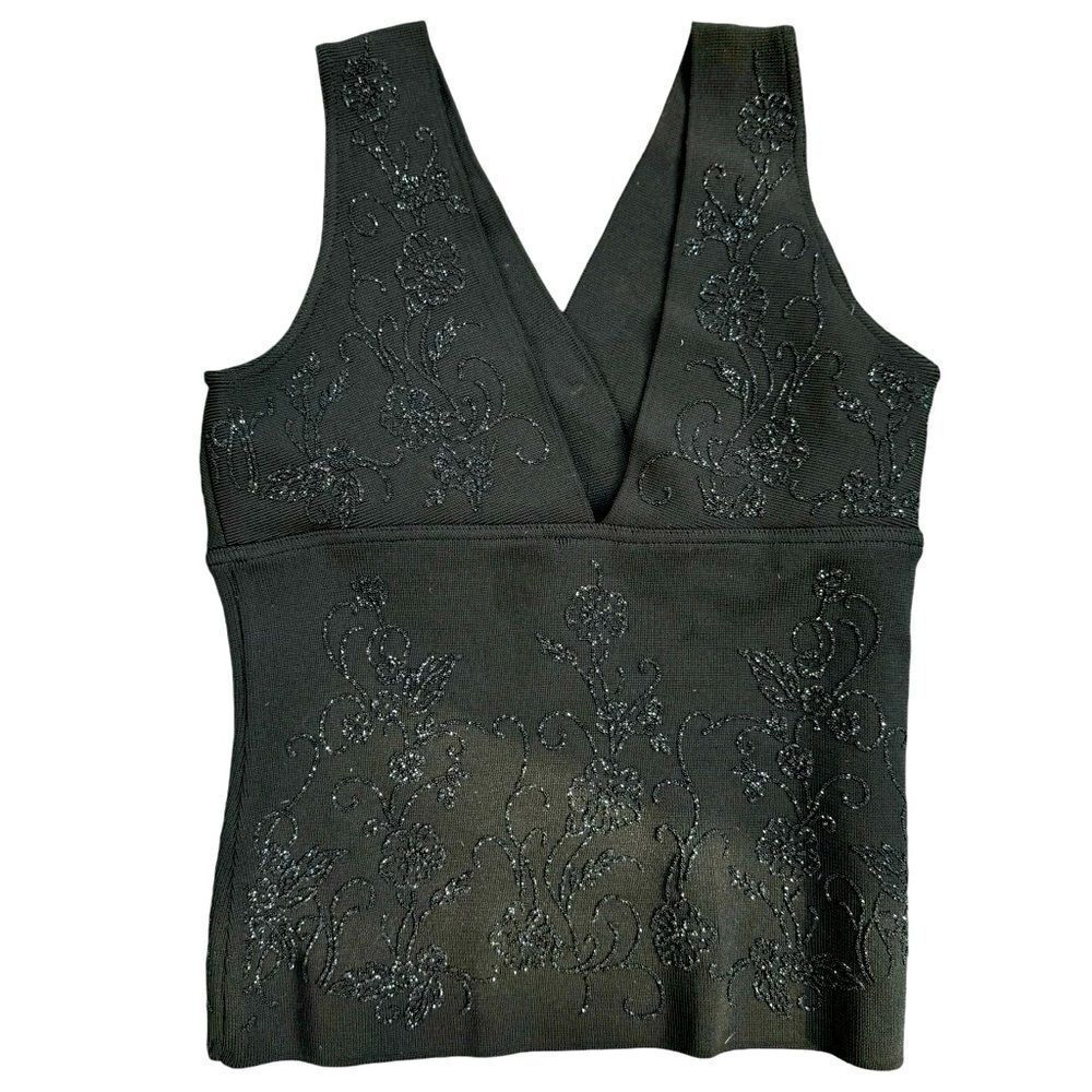 90s VERONIQUE YOUNG BLACK BEADED FLORAL DESIGN V-NECK TOP S KNIT STRETCH Size S